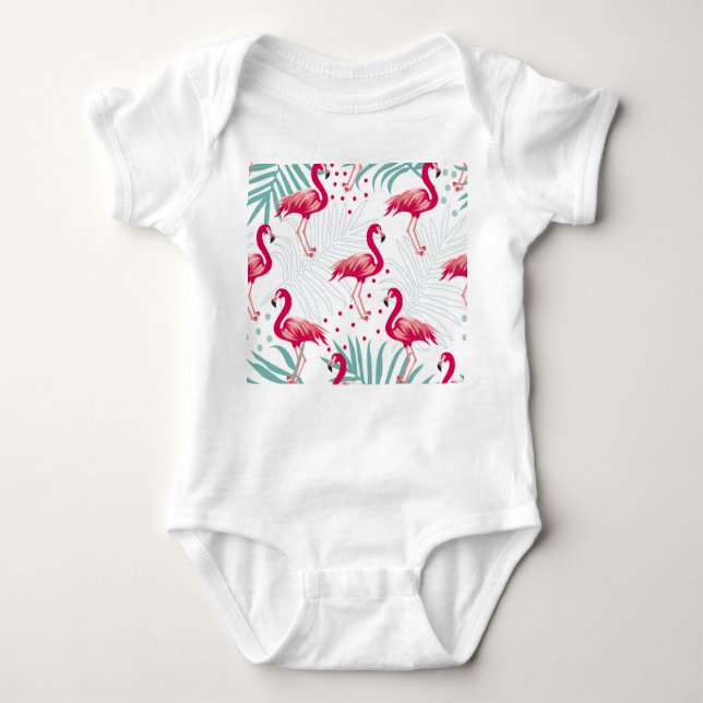 Body Para Bebé Flamingo y hojas tropicales, patrón de verano. (Anverso)
