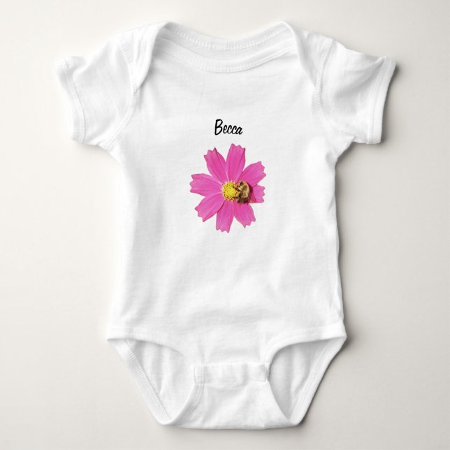 Body Para Bebé Flor de cosmos rosa vivo con abeja personalizada (Anverso)