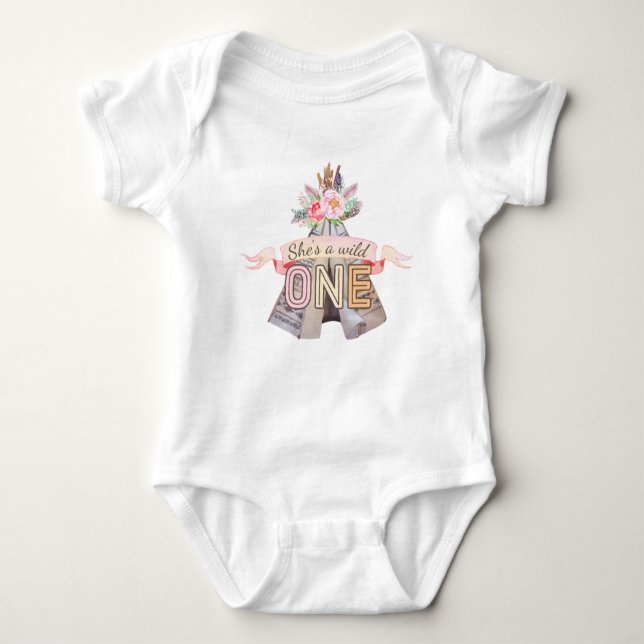 Body Para Bebé Floral Boho Tribal Teepee Wild One First Birthday (Anverso)