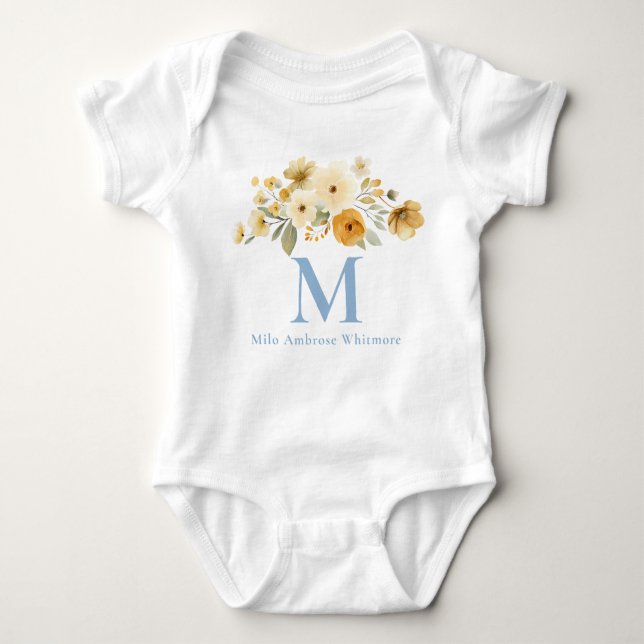 Body Para Bebé Floral Initial Baby Bodysuit | Blue Monogram Name (Anverso)