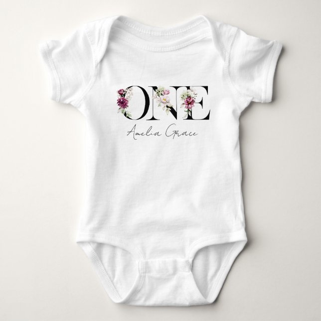 Body Para Bebé Floral UNO Ropa de cumpleaños para bebé niña + nom (Anverso)