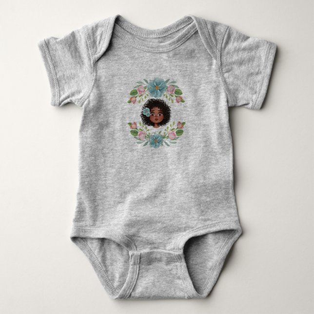 Body Para Bebé Flores azules y rosas, personalizado gris de niña (Anverso)