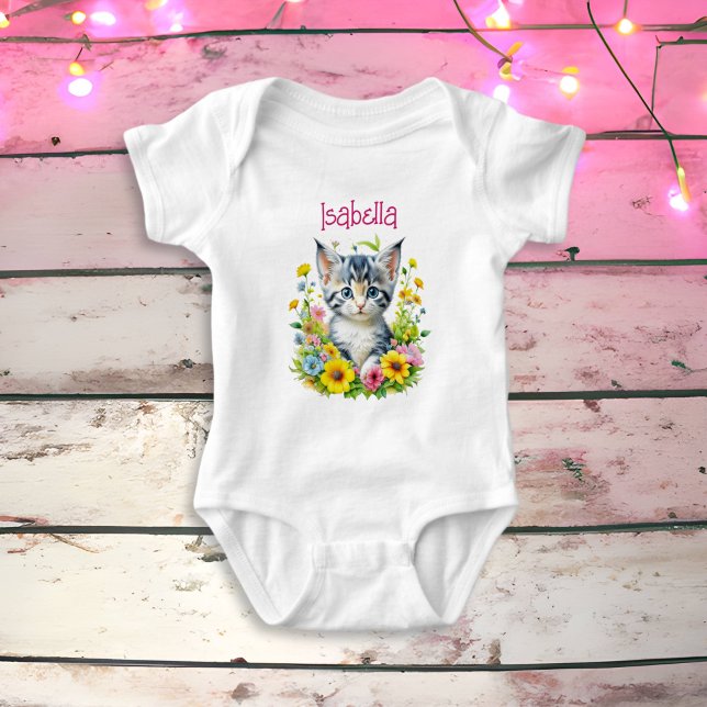 Body Para Bebé Flores de gatito acuarela personalizadas (Subido por el creador)