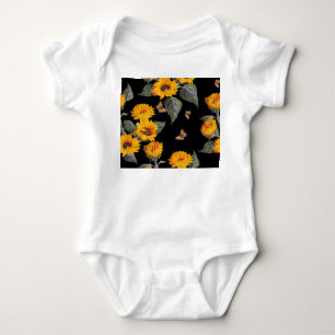 Body Para Bebé Flores de sol y mariposas: fondo negro acuarela