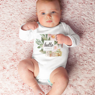 Body Para Bebé Flores rosas color de agua modernas y nombre