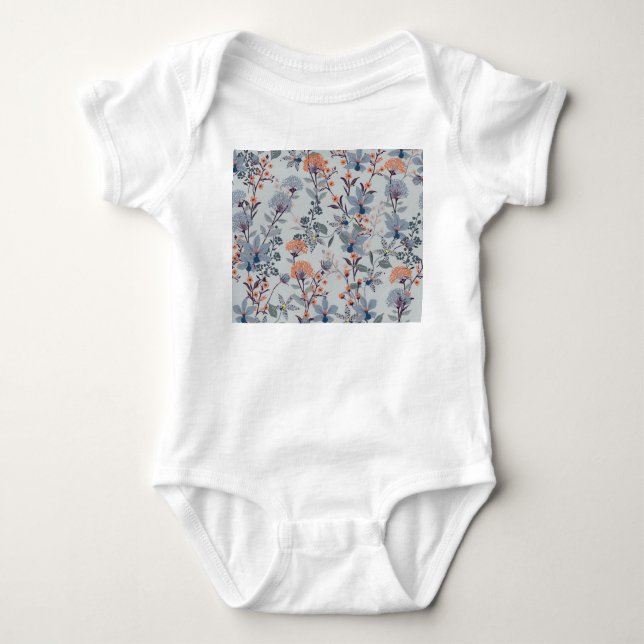 Body Para Bebé Flores silvestres en azul, patrón botánico. (Anverso)
