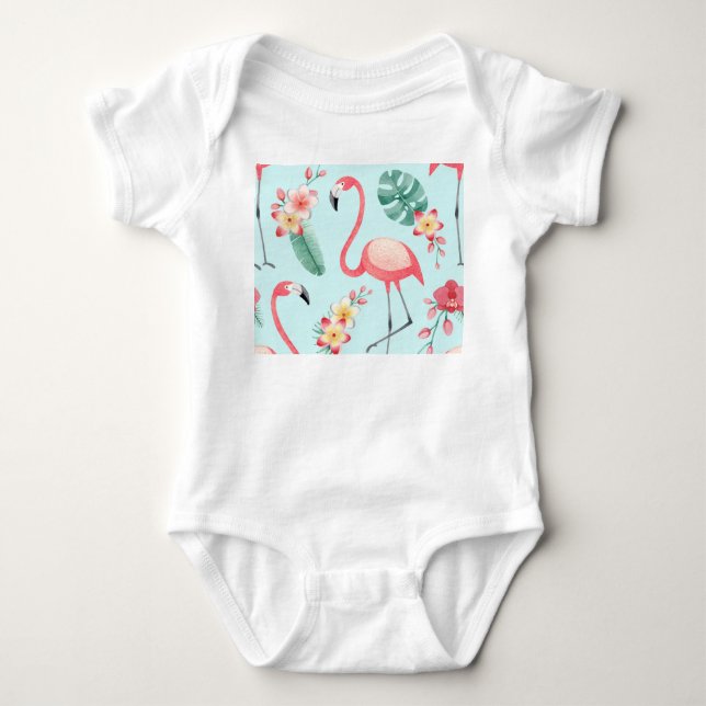 Body Para Bebé Flores tropicales Flamingos Patrón de acuarela (Anverso)