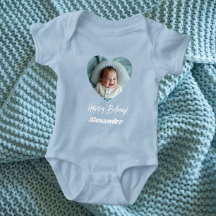 Body Para Bebé Foto corazón nombre cumpleaños azul niño