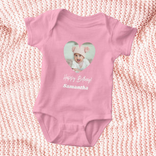 Body Para Bebé Foto corazón nombre cumpleaños niña rosa