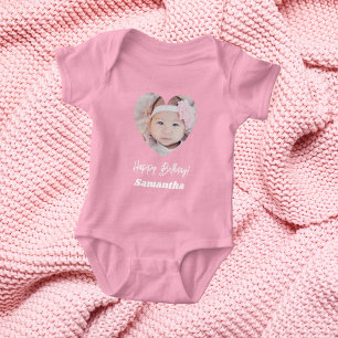 Body Para Bebé Foto corazón nombre cumpleaños niña rosa