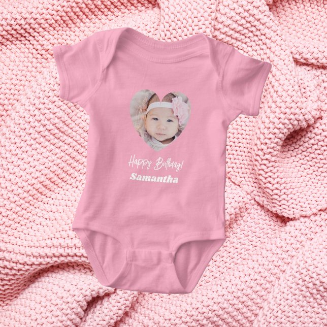 Body Para Bebé Foto corazón nombre cumpleaños niña rosa (Subido por el creador)