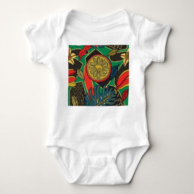 Body Para Bebé Frutas tropicales, hojas, doodle floral patrón. (Anverso)