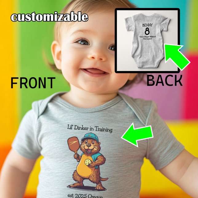 Body Para Bebé Funny Beaver Pickleball (Cute pickleball bodysuit with beacer playing pickleball, custom text back and front)