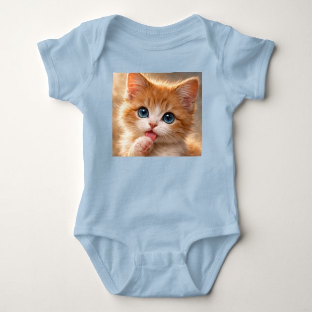 Body Para Bebé Gatito de ojos azules lamiendo su pata (Anverso)