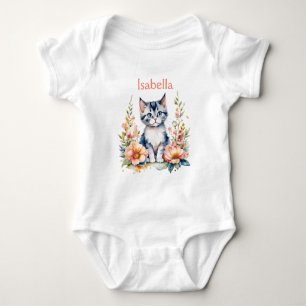 Body Para Bebé Gatito gris personalizado en flores rosadas