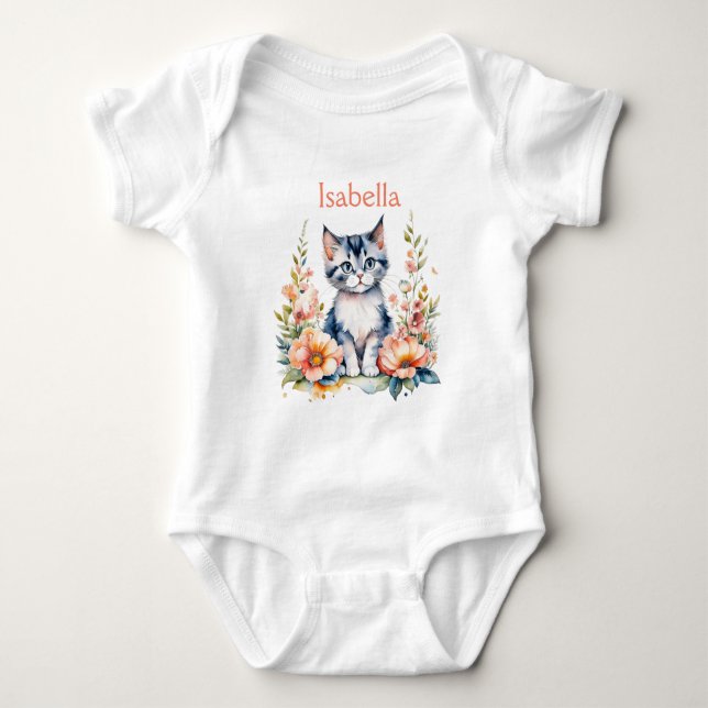 Body Para Bebé Gatito gris personalizado en flores rosadas (Anverso)