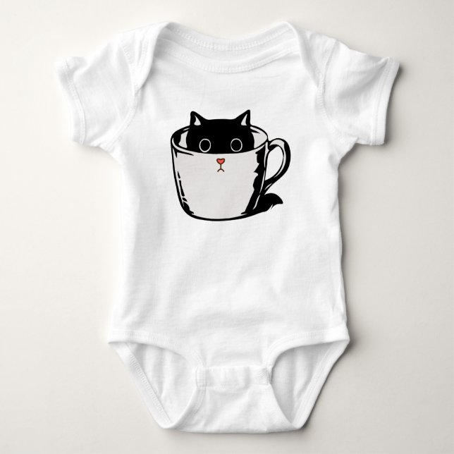Body Para Bebé Gatito negro con nariz roja escondido en una taza (Anverso)