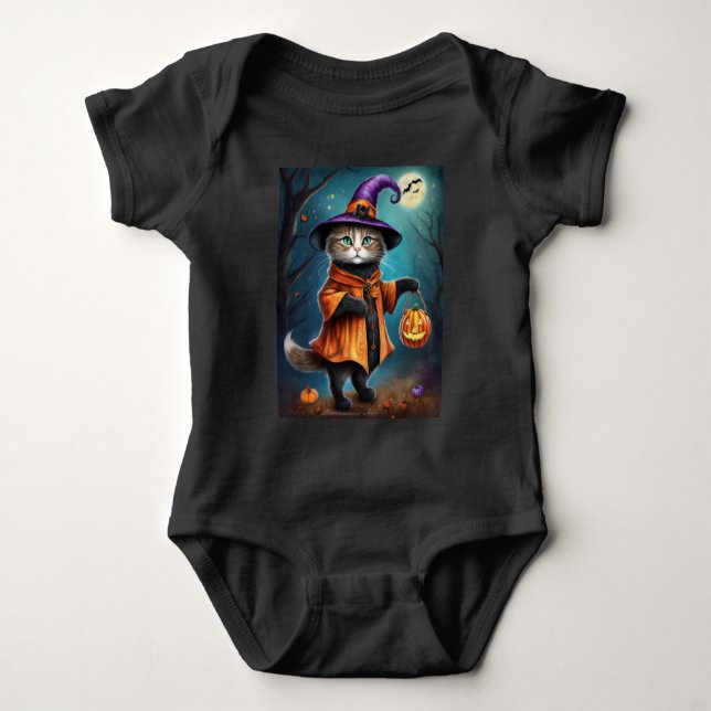 Body Para Bebé Gato como Bruja Monada de Halloween (Anverso)