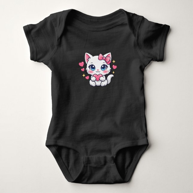 Body Para Bebé Gato de Anime Kawaii Sosteniendo Corazón (Anverso)