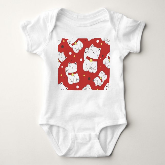 Body Para Bebé Gato Maneki-Neko, patrón de doodle japonés. (Anverso)