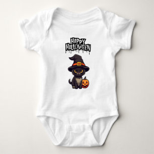 Body Para Bebé Gato negro asustado con calabaza Jack O Lantern