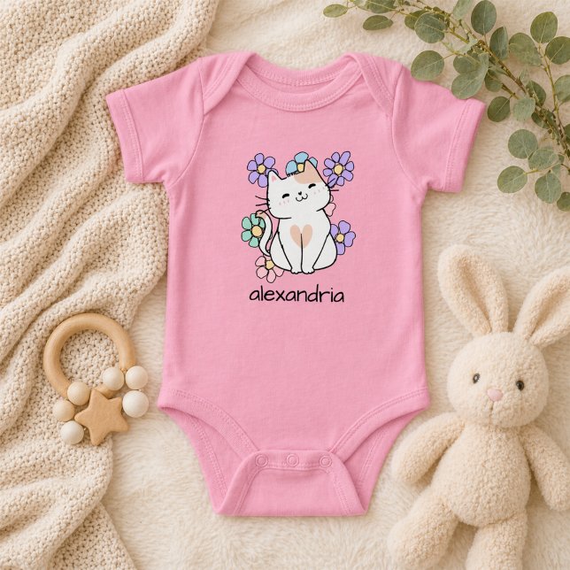 Body Para Bebé Gato Retro Adorable y Flores (Subido por el creador)