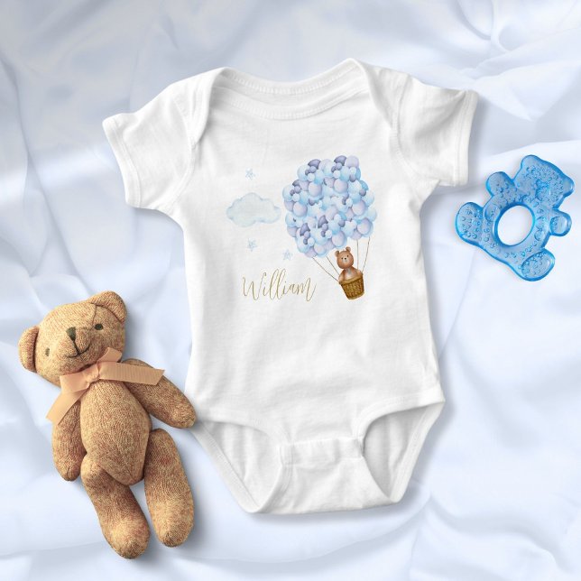 Body Para Bebé Globos azules de osito con letra dorada (Teddy Bear Blue Balloons Gold Script Baby Bodysuit)
