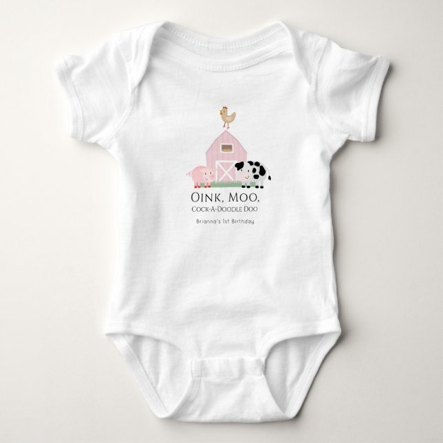 Body Para Bebé Granja Animales Barnyard Chica Rosa Primer cumplea (Anverso)