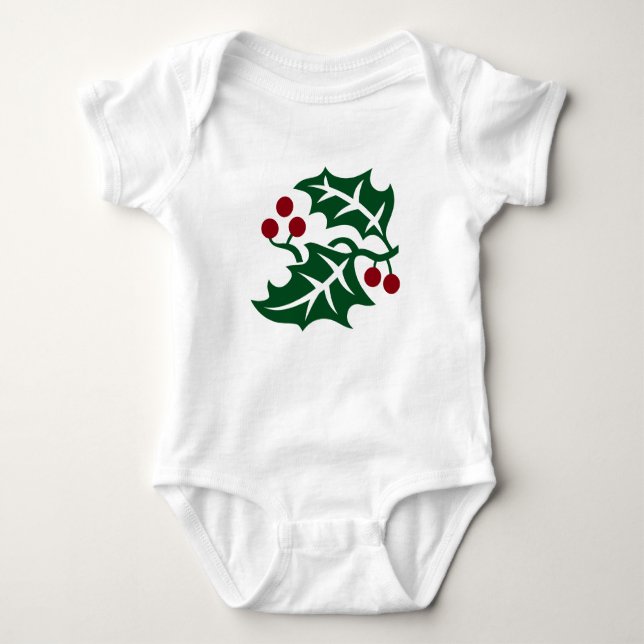 Body Para Bebé Green Holly and Red Berries Christmas Holiday (Anverso)