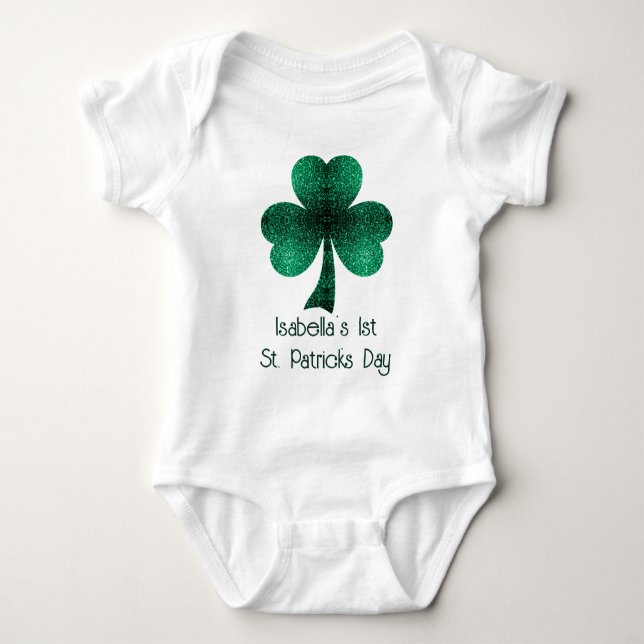 Body Para Bebé Green Sparkles Shamrock 1 St Patricks Day Name (Anverso)