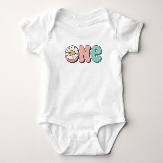 Body Para Bebé Groovy Retro Floral First Birthday Theme Tee (Anverso)