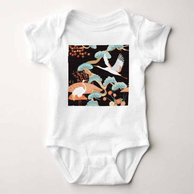 Body Para Bebé Grullas, garzas: Patrón de pájaros japoneses. (Anverso)