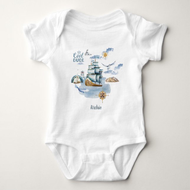 Body Para Bebé Guay Dude Ship in the Ocean Personalizable (Anverso)