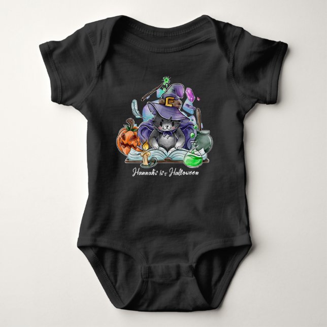 Body Para Bebé Halloween Baby Cute Cat Witch Nombre Personalizado (Anverso)