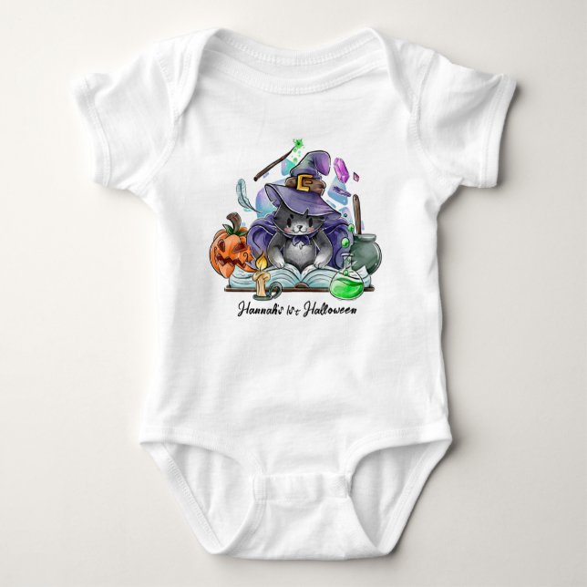 Body Para Bebé Halloween Baby Cute Cat Witch Nombre Personalizado (Anverso)