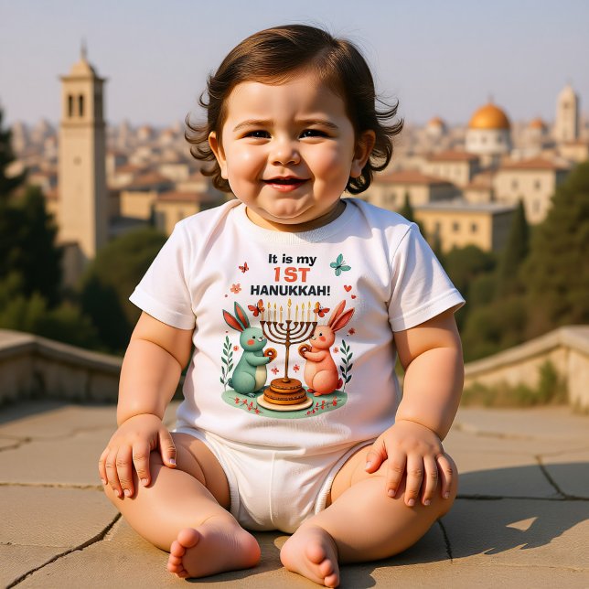 Body Para Bebé Hanukkah Bunny’s First Bright Night (Hanukkah Bunny’s First Bright Night Baby Bodysuit, custom text)