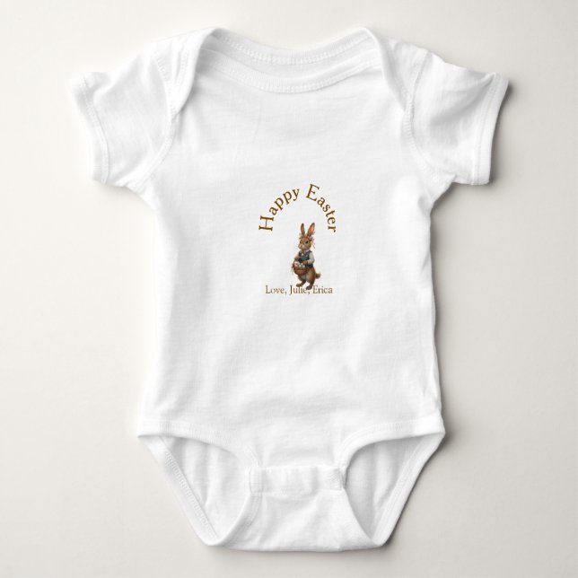 Body Para Bebé Happy Easter brown bunny with eggs love add name  (Anverso)