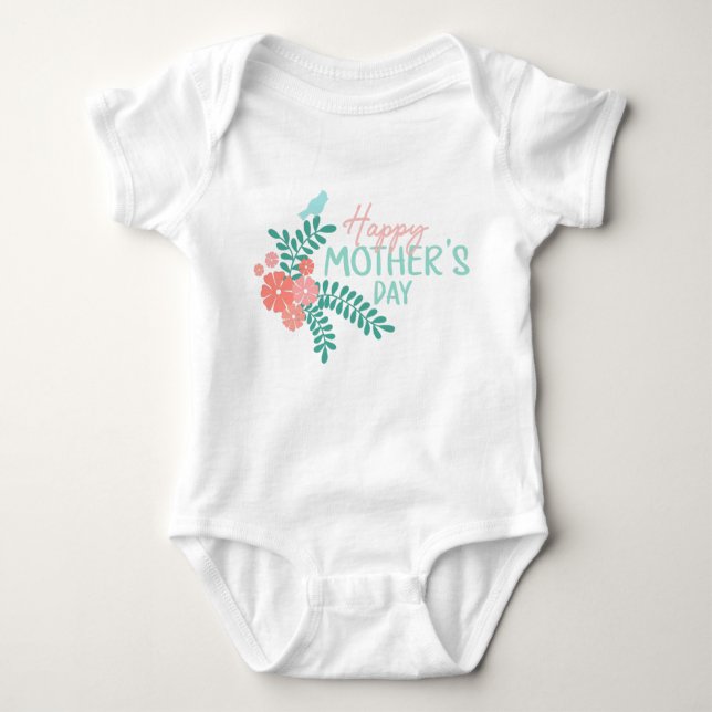 Body Para Bebé Happy mother's day text flowers bird (Anverso)