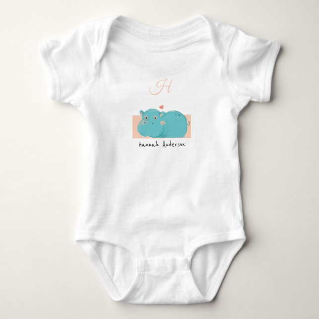 Body Para Bebé Heart Hippo ・ Agregue su nombre Monograma Alfabeto (Anverso)