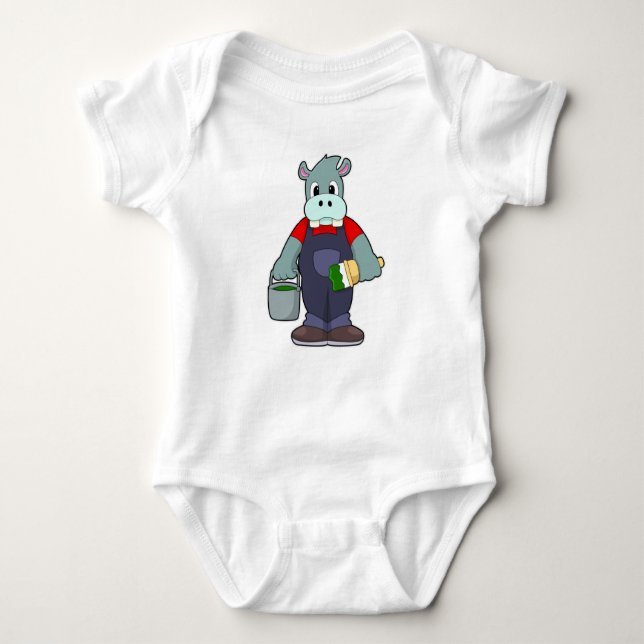Body Para Bebé Hippo en la pintura con cubo de pintura y pincel (Anverso)