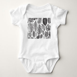 Body Para Bebé Hojas exóticas, blanco y negro floral vintage.