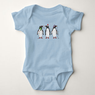 Body Para Bebé Ilustración de tres pingüinos navideños festivos
