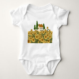 Body Para Bebé Ilustracion House Sunflowers Field Vintage
