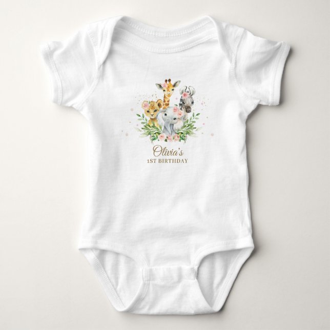 Body Para Bebé Jungle Animal Pink Floral Chica 1.ᵉʳ cumpleaños (Anverso)