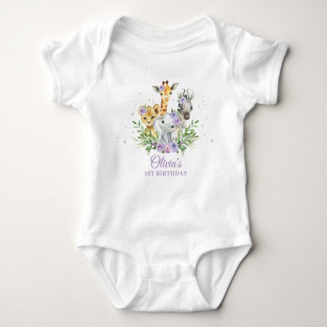Body Para Bebé Jungle Animal Purple Floral 1er cumpleaños conjunt (Anverso)