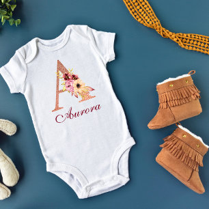 Body Para Bebé Letra A Floral Rosa Dorado Monograma