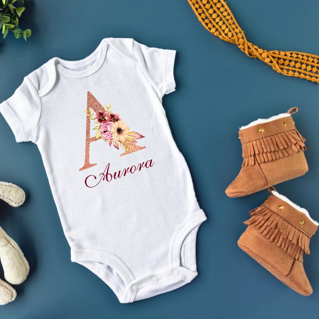 Body Para Bebé Letra A Floral Rosa Dourado Monograma (Subido por el creador)