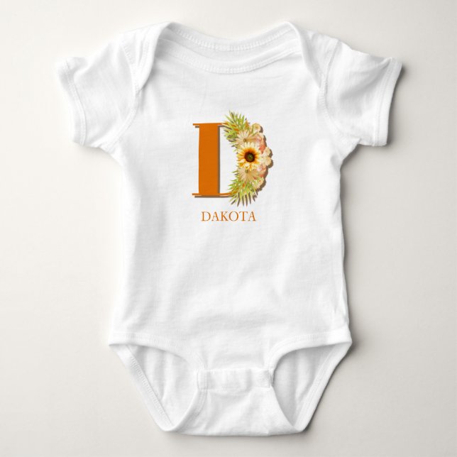 Body Para Bebé Letra D Monograma floral de girasol con nombre (Anverso)
