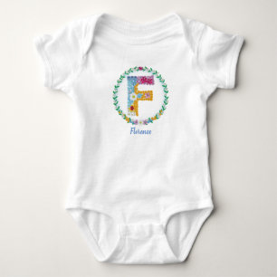 Body Para Bebé Letras florales iniciales "F" con nombre personali
