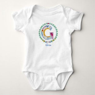 Body Para Bebé Letras florales iniciales "G" con nombre personali